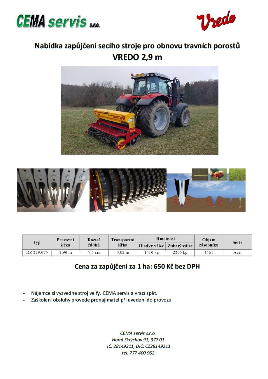 Secí stroj pro přísev travních porostů VREDO 2,9 m